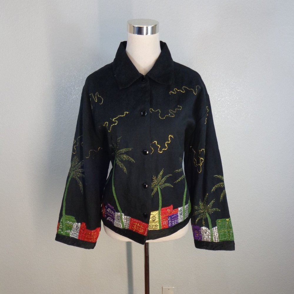 Pushpa blazer XL embroidered palm tree black gold metallic cityscape holiday NWT